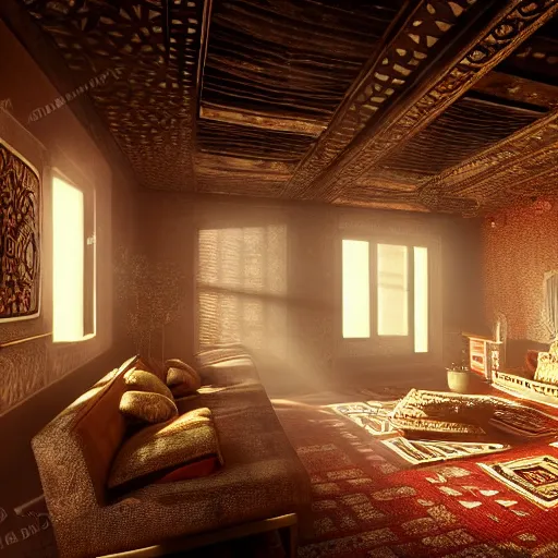 Image similar to aztec interior design, superwide angle, light through the mist, dramatic lighting, photorealistic, cinematic lighting, high detail, cinematic feel