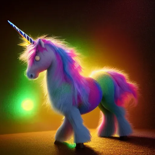 Image similar to full body pose, hyperrealistic photograph of a cute fuzzy rainbow unicorn, dim volumetric lighting, 8 k, octane beautifully detailed render, extremely hyper detailed, intricate, epic composition, cinematic lighting, masterpiece, trending on artstation, very very detailed, stunning, hdr, smooth, sharp focus, high resolution, award, winning photo, dslr, 5 0 mm