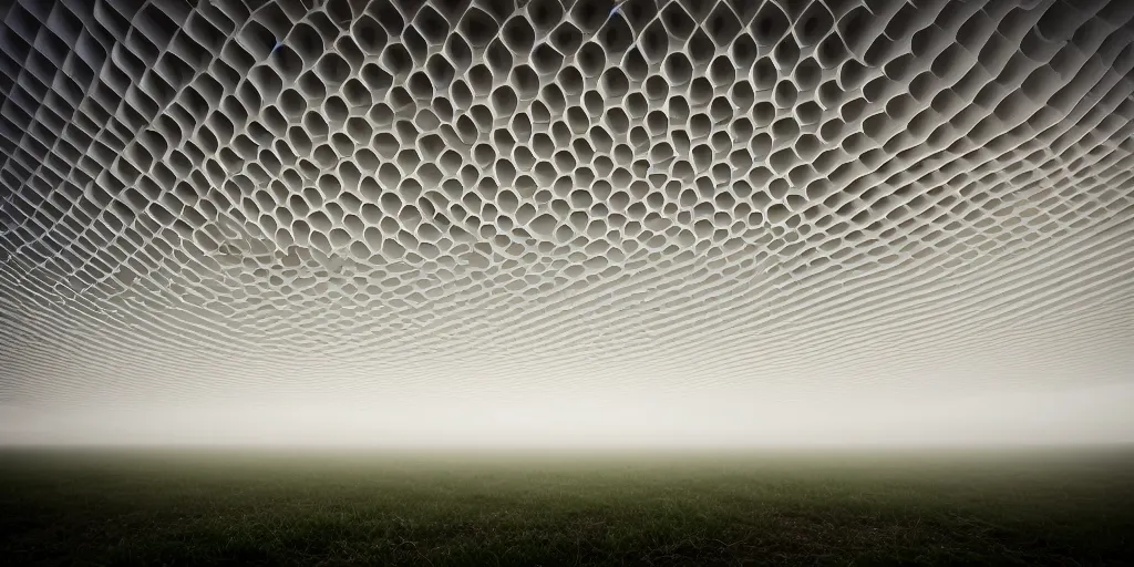 Prompt: white honeycomb organic illuminated building with warm illumination inside by kendall buster sits on the field evening atmosphere in low fog, 4 k, insanely quality, highly detailed, telephoto lens, shallow depth of field