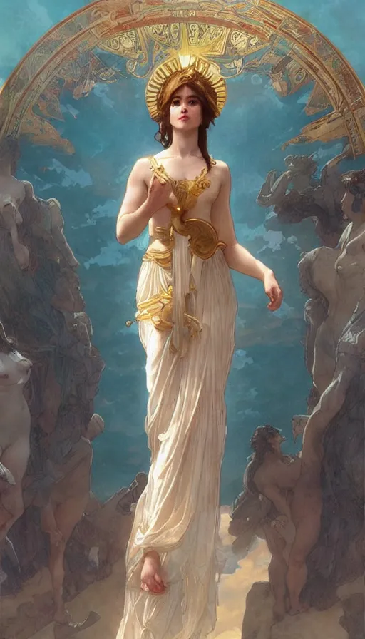 Image similar to goddess helios descending from olympus, artstation, concept art, smooth, sharp focus, illustration, art by artgerm and greg rutkowski and alphonse mucha and william adolphe bouguereau and john william waterhouse