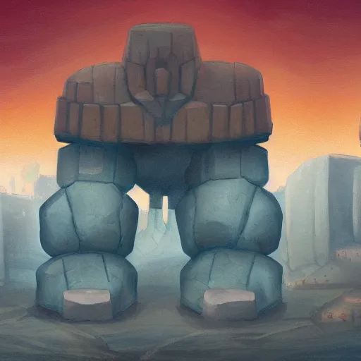 Image similar to panorama of giant stone golem carrying a city on its back walking through a desert, oil painting, by lois van baarle