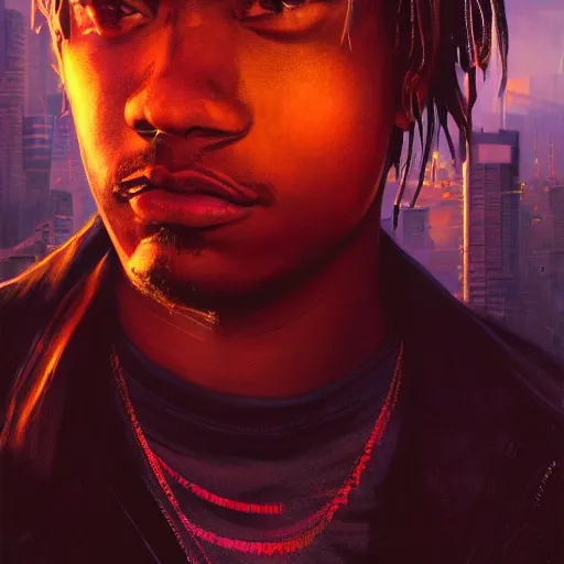 Image similar to cyberpunk, closeup portrait of a juice wrld, dramatic light, city background, sunset, dystopian setting, high contrast, sharp, neuromancer, henry dorsett case, painted by stanley lau, painted by greg rutkowski, painted by stanley artgerm, digital art, trending on artstation