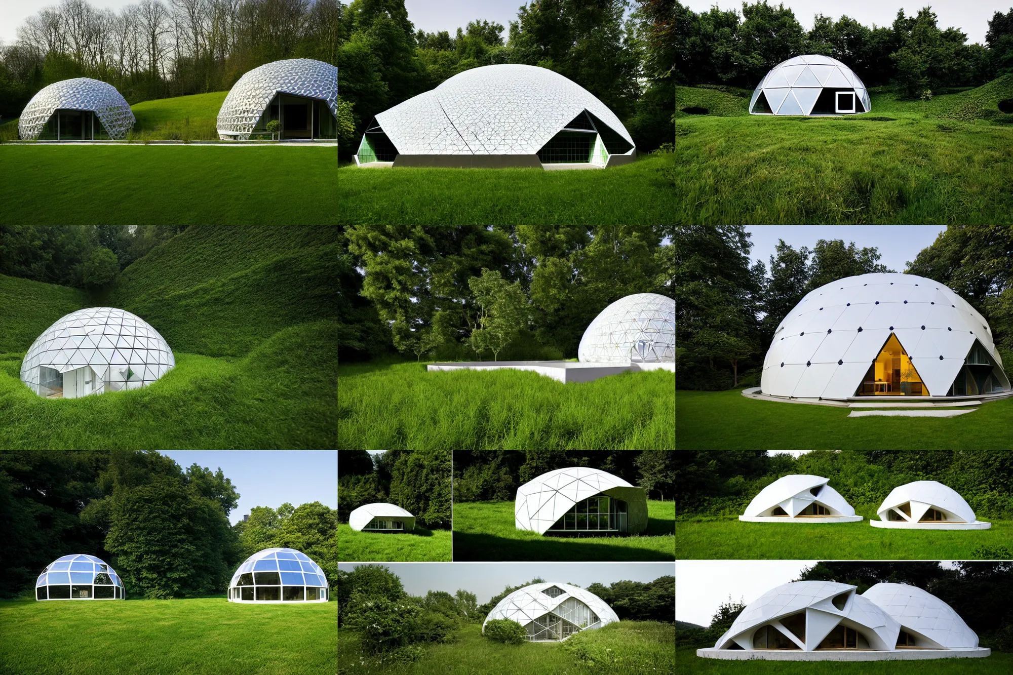 Prompt: geodesic house integrated with the ground roof with grass, architecture award winner, architect studio, buckminster fuller shoji sadao zaha hadid, evening, underground home, domespace, solarpunk