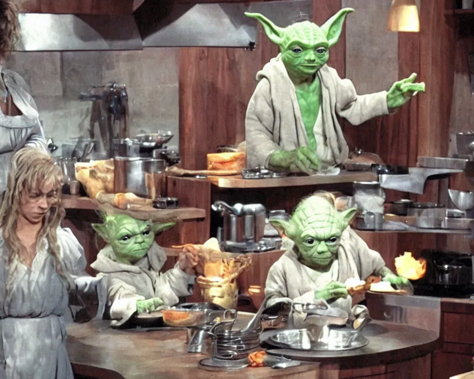 Prompt: yoda hosts a cooking show, scene from a horror movie