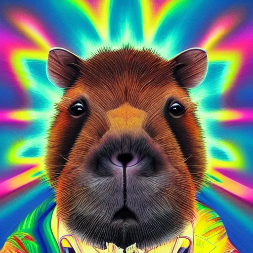 Prompt: portrait of a capybara in the movie fear and loathing in las vegas, extremely detailed, psychedelic, trippy, digital painting, centered, cinematic lighting, vertical symmetry, trending, artstation