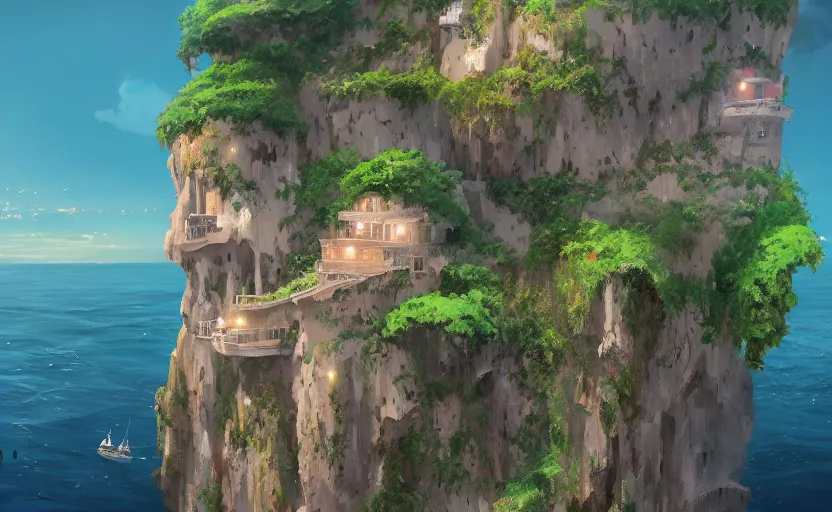 Prompt: one big house on a cliff over an ocean, one small boat, dangerous cliffside, cliffs, trees. matte painting, Makoto Shinkai, anime, trending on ArtStation, digital art.