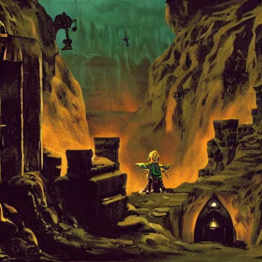 Prompt: an airbrush depiction of the foreboding entrance to the first dungeon from the legend of zelda ( 1 9 8 6 ), by george bellows, by lindsay pickett, by hiroo isono, death stranding aesthetic