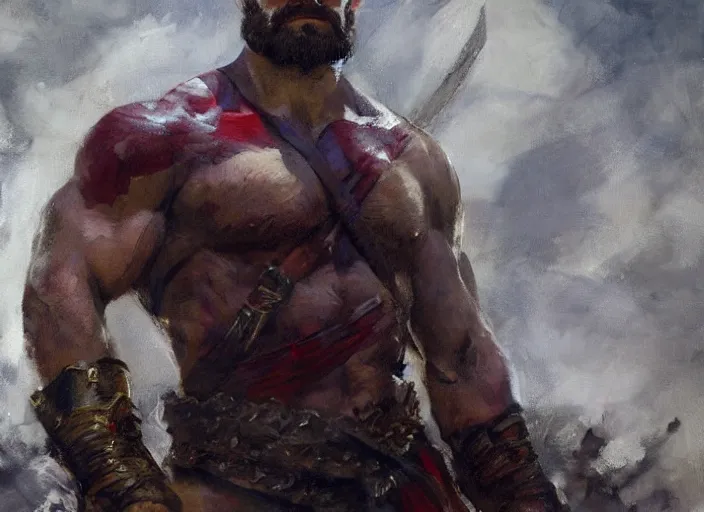 Image similar to a highly detailed beautiful portrait of henry cavill as kratos, by gregory manchess, james gurney, james jean