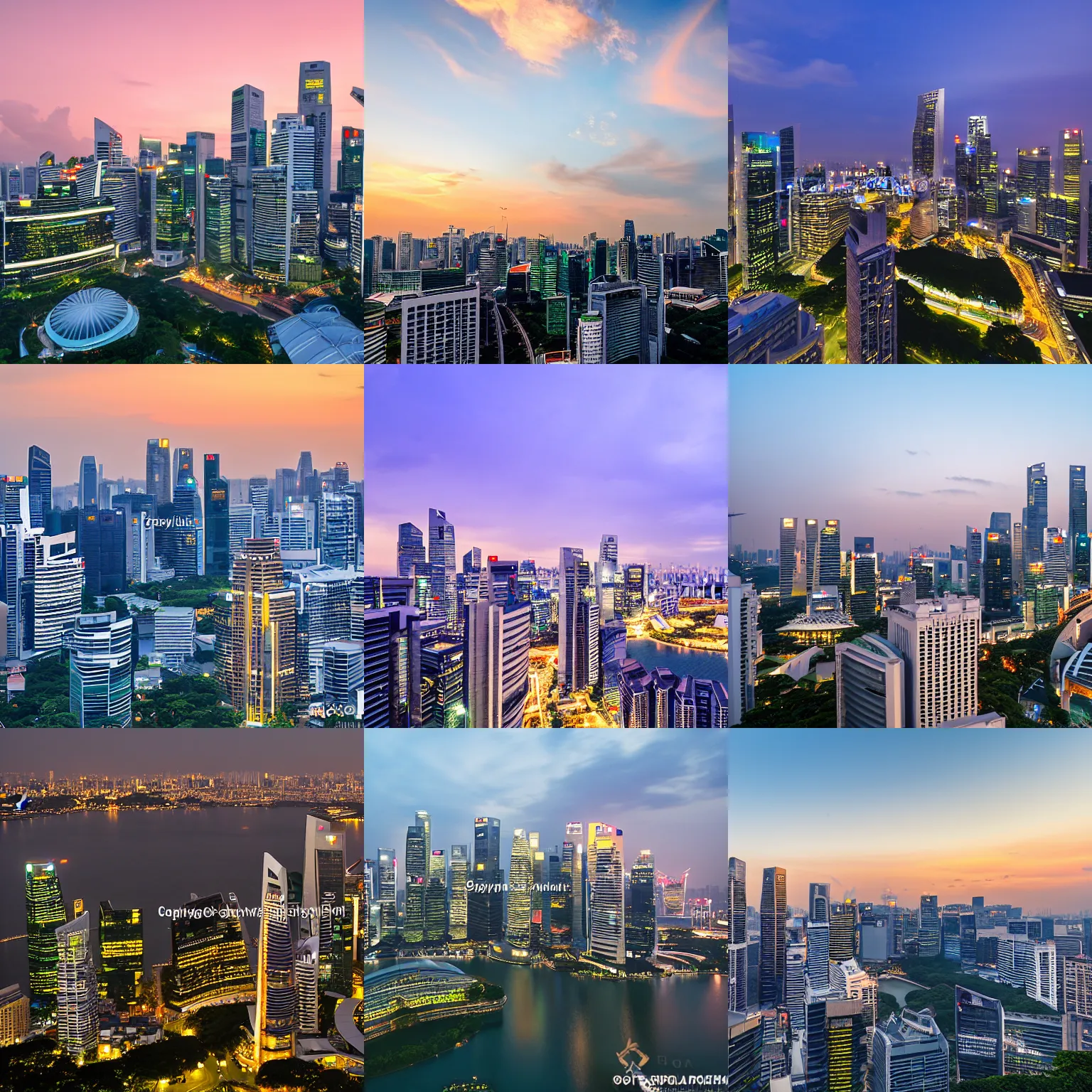 Prompt: city view of Singapore at dusk, photo taken from the top of Raffles Place 1 sky scraper