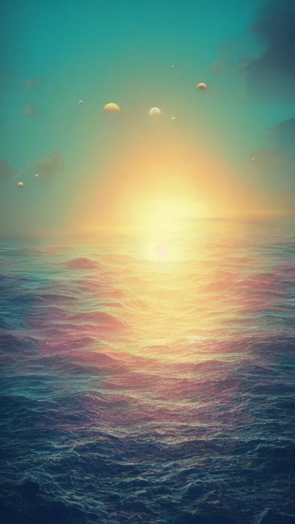 Image similar to beach horizon view of the ocean on an alien planet, vaporwave ocean, planet in space over the horizon, trending on artstation, digital art by beeple
