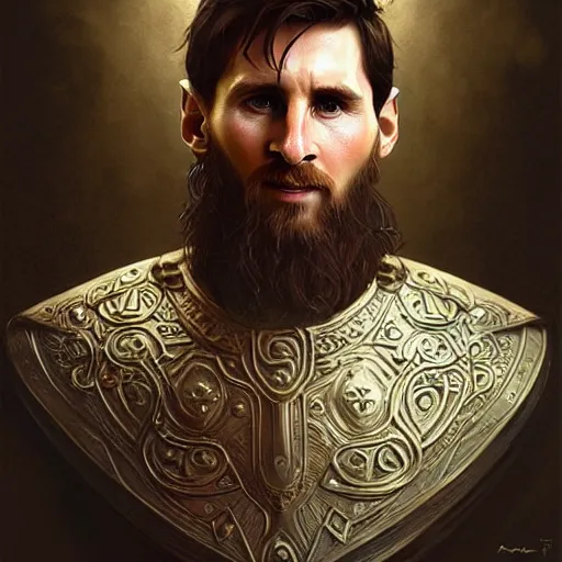 Image similar to Messi as a viking, D&D, fantasy, intricate, elegant, highly detailed, digital painting, artstation, concept art, matte, sharp focus, illustration, art by Artgerm and Greg Rutkowski and Alphonse Mucha