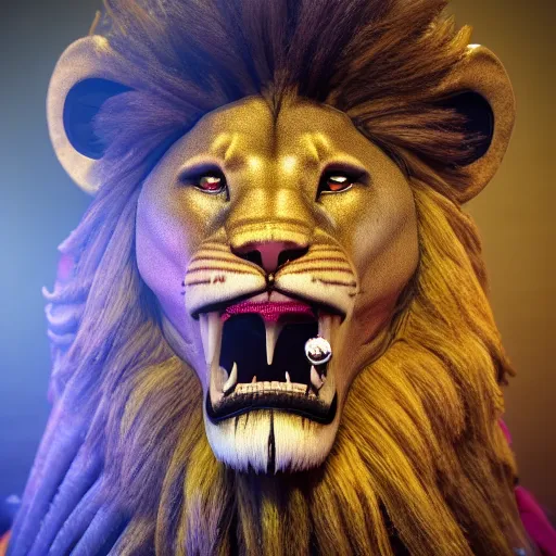 Image similar to scene of an anthropomorphic lion at a protest movement exquisite detail lion in hippie clothes, Streetwear, hippie fashion, protest movement, trending on artstation, bokeh, incredible detail, Graeme Base, 8k detail, gi, global illumination, physically based rendering, photoreal, small details, intricate complexity