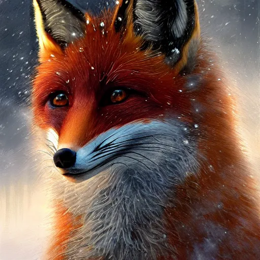 Image similar to a furious fox wizard, snowy background, oil on canvas, intricate, portrait, 8k highly professionally detailed, HDR, wizard hat, CGsociety