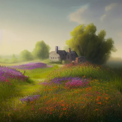 Image similar to a matte painting of a european prairie, cottages, foggy, patchy flowers, oil painting, pale colors, high detail, 8 k, wide angle, trending on artstation,