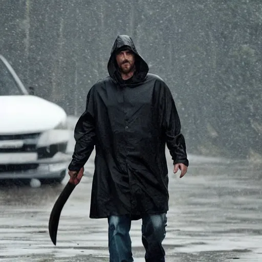 Image similar to christian bale in a clear rain coat holding an axe hd