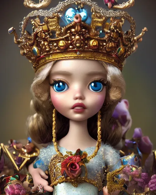Image similar to highly detailed closeup, face profile portrait of a tin toy fairytale princess wearing a crown and sitting on a throne, bikini, depth of field, fashion photoshoot by nicoletta ceccoli, mark ryden, lostfish, dan decarlo, bob clampett, max fleischer, breathtaking, detailed and intricate environment, 8 k resolution, hyperrealistic, octane render