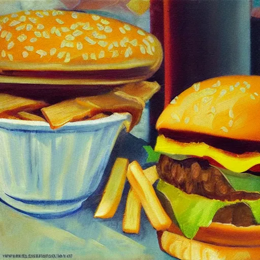 Prompt: impressionist painting of cheeseburger menu with fries and coke