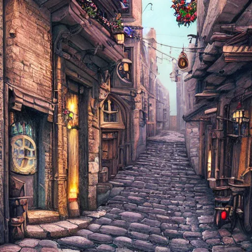 Image similar to a busy fantasy street looking down one street within a fascinating old city, quirky shops, narrow streets, old buildings, cobblestones on the ground, stone steps, street life, by Sylvain Sarrailh, single street, cinematic, simple but effective composition, clean lines, beautiful digital painting, oil painting, detailed, dungeons and dragons, lord of the rings