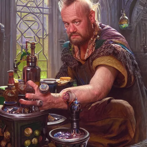 Image similar to The potion seller offers you his strongest of potions, D&D fantasy, portrait art by Donato Giancola and James Gurney, digital art, trending on artstation