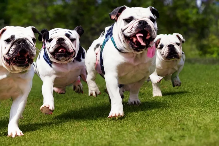 Prompt: bulldogs that are running towards the camera