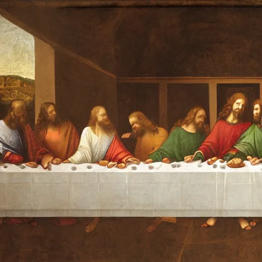 Image similar to painting of cate blanchett as Jesus in the last supper by Leonardo davinci