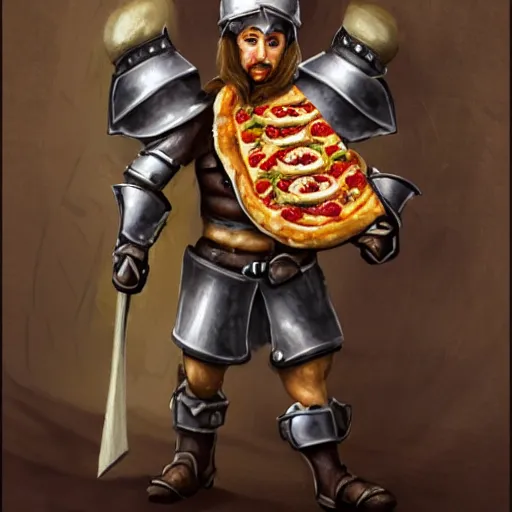 Image similar to adventurer with armor made of pizza,