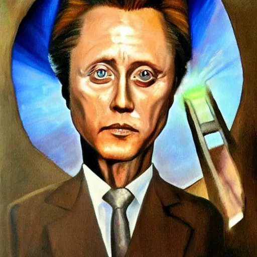 Prompt: Christopher Walken painted like a Saint with halo behind head, angels flying aound.