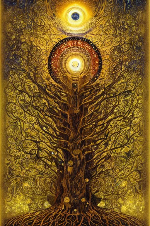 Prompt: Tree of Life by Karol Bak, Jean Deville, Gustav Klimt, and Vincent Van Gogh, mysterious, sacred geometry, Surreality, radiant halo, otherworldly, enigma, fractal structures, celestial, arcane, ornate gilded medieval icon, third eye, spirals