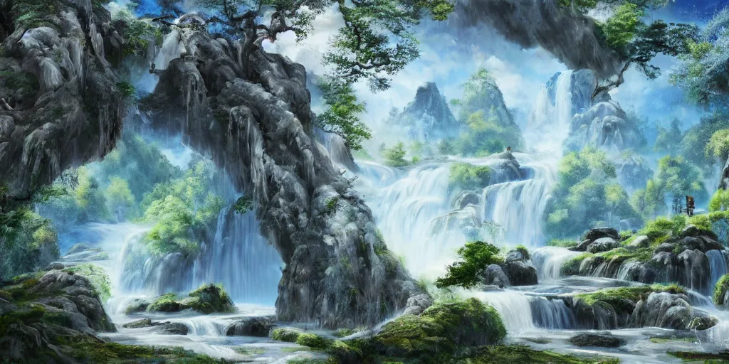 Image similar to Ancient chinese background on mountain with waterfalls, willow trees, arch bridges. Blue and cool background. Realistic paint, specular light, high contrast, highly detailed, 4k, shallow depth of field, cinematic light, concept art, artstation