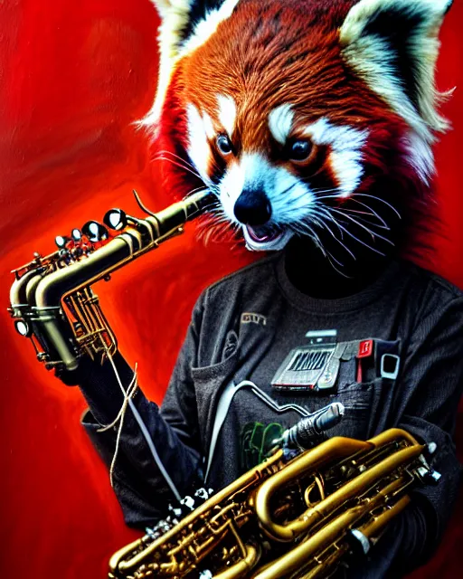 Prompt: a portrait of an anthropomorphic cyberpunk single red panda wailing on the saxophone by sandra chevrier, by jon foster, detailed render, tape deck, epic composition, cybernetics, 4 k realistic, cryengine, realistic shaded lighting, sharp focus, masterpiece, by enki bilal