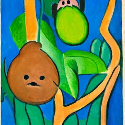 Prompt: a Matisse painting of a smiley sloth hugging an avocado, climbing a Lúcuma tree, waving the Peruvian flag