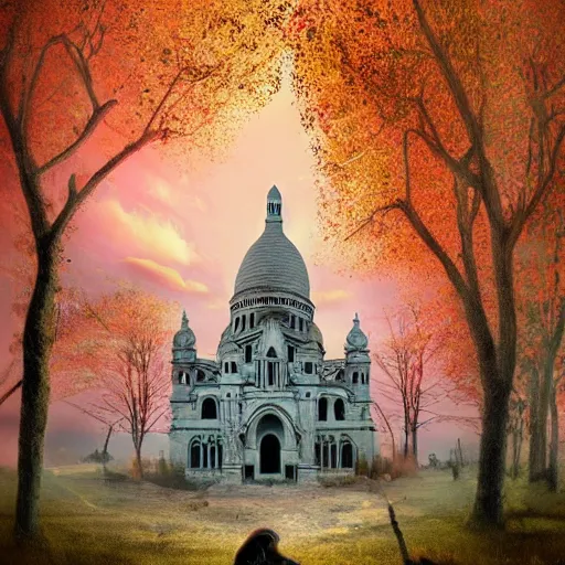 Image similar to abandoned Basilica of Sacré Coeur de Montmartre, toxic orange and pink clouds strain the sunlight, stark contrasting lighting, contrejour, a two-headed mutated deer-like creature looks on in the distance from the sparse twisted silhouetted foliage, a highly detailed colorful matte painting by Scott Listfield and Mikko Lagerstedt, featured on Artstation, Unreal Render, 8k HDR, fisheye