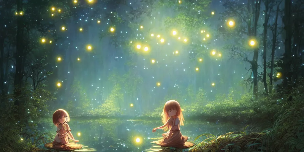 Prompt: small girl and the fireflies, by the pond in a forest, night sky. anime, fantasy, smooth. digital painting, by hayao miyazaki and rossdraws and artgerm and detmold and greg rutkowski and alphonse mucha. artstation. beautiful, high quality, stunning, intricate detailed environment. 8 k