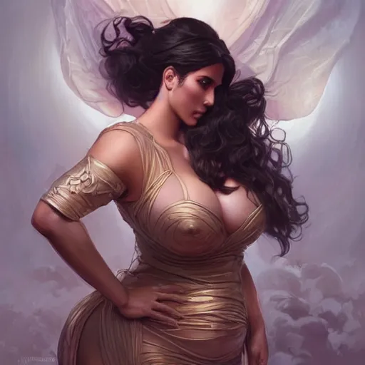 Image similar to portrait of a beautiful thick female, kim kardashian type body, D&D, fantasy, intricate, elegant, highly detailed, digital painting, artstation, concept art, smooth, sharp focus, illustration, art by artgerm and greg rutkowski and alphonse mucha