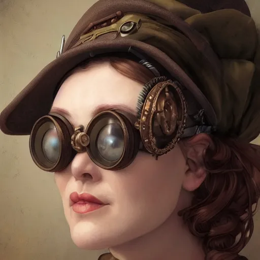 Image similar to Three quarters portrait of a steampunk grannie, poofy hat, goggles, highly detailed, digital painting, art by Stanley Lau and Artgerm and magali villeneuve and Alphonse Mucha, artstation, octane render, cgsociety