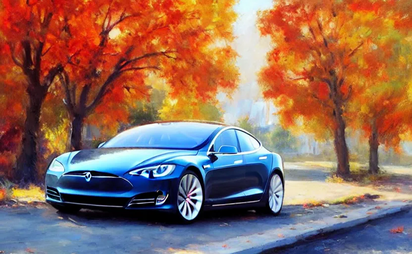 Prompt: new tesla model s on an autumn street by vladimir volegov