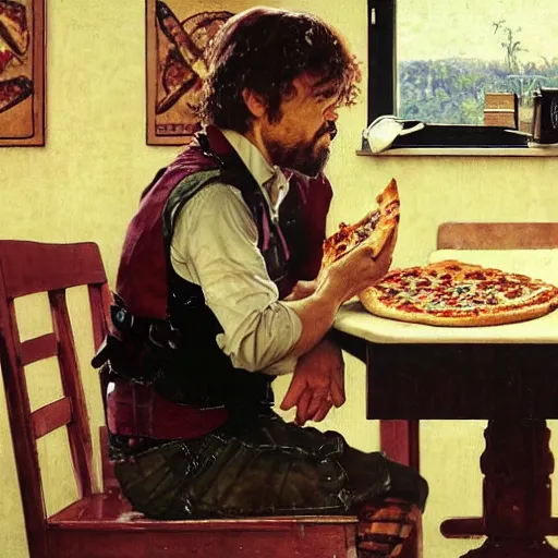 Prompt: peter dinklage eating pizza at a wooden table, artist norman rockwell,