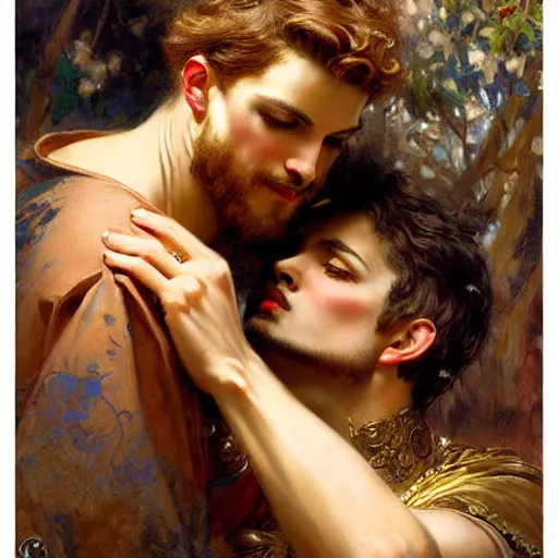 Image similar to attractive fully clothed king confesses his love for his attractive fully clothed male prince. highly detailed painting by gaston bussiere, mark brooks, j. c. leyendecker