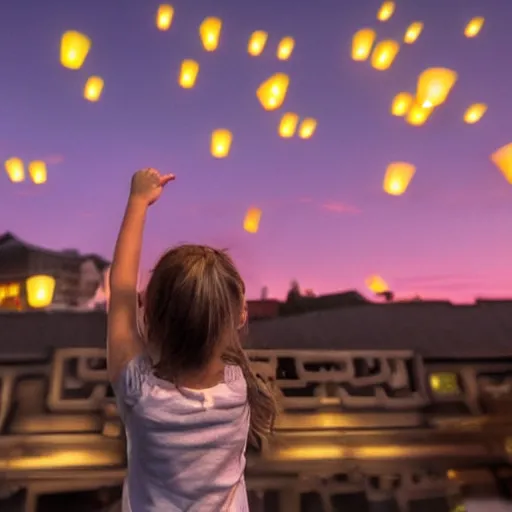 Prompt: a little girl watching hundreds of chinese sky lanterns flying in the night sky over a sci-fi city, Pixar style