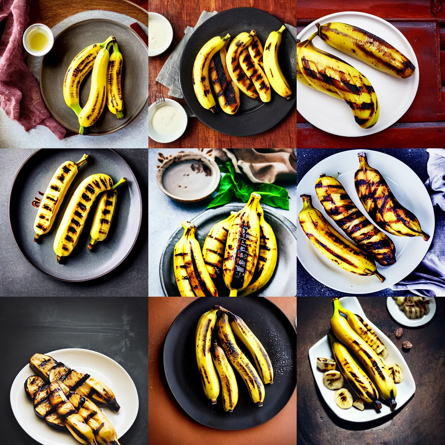 Prompt: grilled bananas on a plate, food photography, fantasy