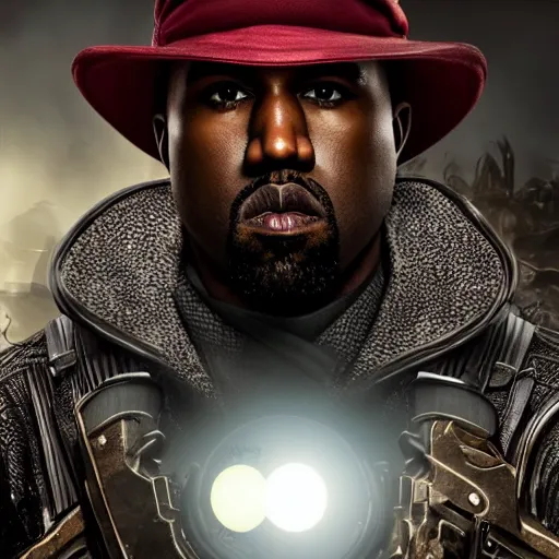 Prompt: Portrait of Kanye West as willy wonka in gears of war, splash art, movie still, cinematic lighting, dramatic, octane render, long lens, shallow depth of field, bokeh, anamorphic lens flare, 8k, hyper detailed, 35mm film grain