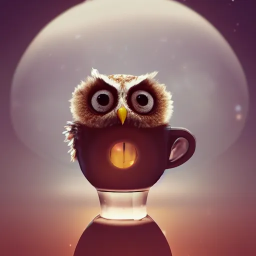 Image similar to long shot of a very cute owl chick nesting in a very futuristic cup, humorous illustration, hyperrealistic, big depth of field, warm colors, night scenery, low light, 3 d octane render, 4 k, conceptart, hyperdetailed, hyperrealistic, trending on artstation
