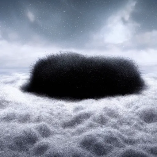 Image similar to a large glob of black fuzz floating in the middle of the screen, white background, matte painting, concept art, 4 k