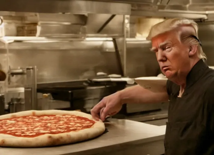 Image similar to film still of trump making a pizza in the new avengers movie, 4 k