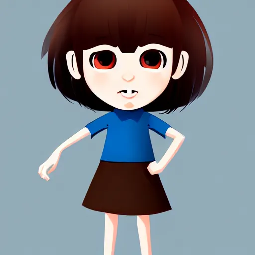 Image similar to 2 d flat animation character design girl kid, handrawn dynamic pose, french bob hair, short hair, brown eyes, realistic, 4 k!!!, art station