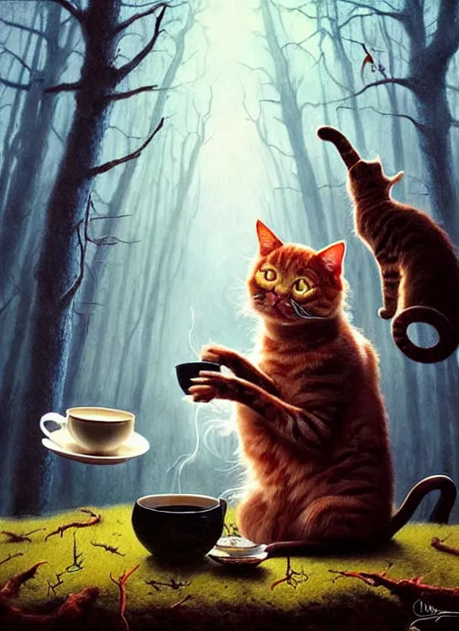 Image similar to cat having tea with a witch in the woods gorgeous lighting, lush forest foliage blue sky a hyper realistic painting by chiara bautista and beksinski and norman rockwell and greg rutkowski weta studio, and lucasfilm