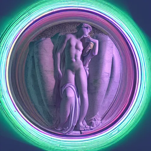 Image similar to a perfect neon circle surrounding the head of a renaissance statue, 3 d render