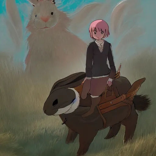 Prompt: a girl riding a giant rabbit. the girl has short hair and black eyes. digital art. in the style of miyazaki. 4 k. trending on artstation.