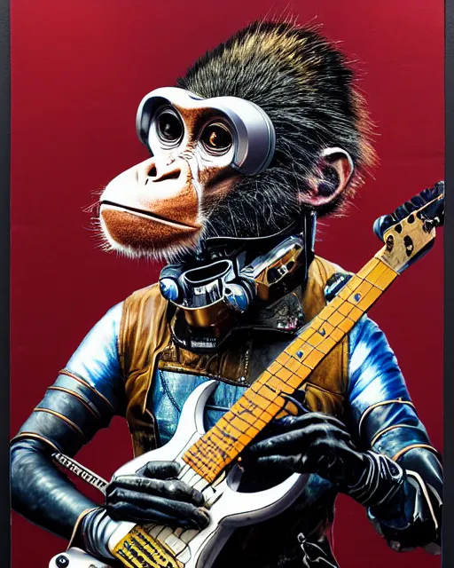 Image similar to a portrait of an anthropomorphic cyberpunk monkey in a leather helmet shredding an electric guitar by sandra chevrier, by jon foster, detailed render, tape deck, epic composition, cybernetics, 4 k realistic, cryengine, realistic shaded lighting, sharp focus, masterpiece, by enki bilal