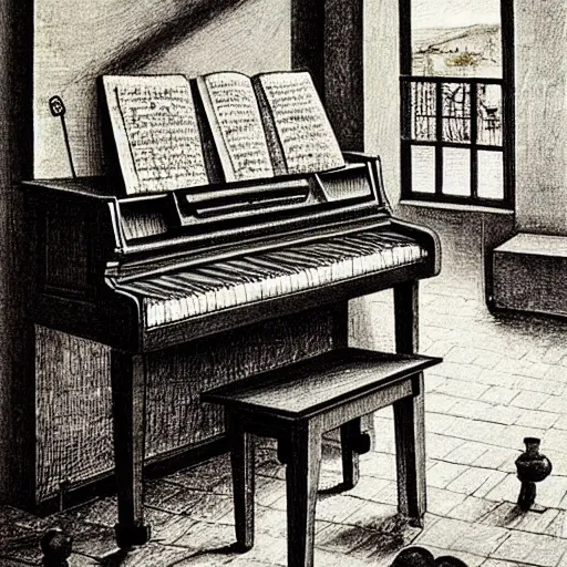 Image similar to old painting old piano, dot art, crosshatch, by pieter bruegel the elder